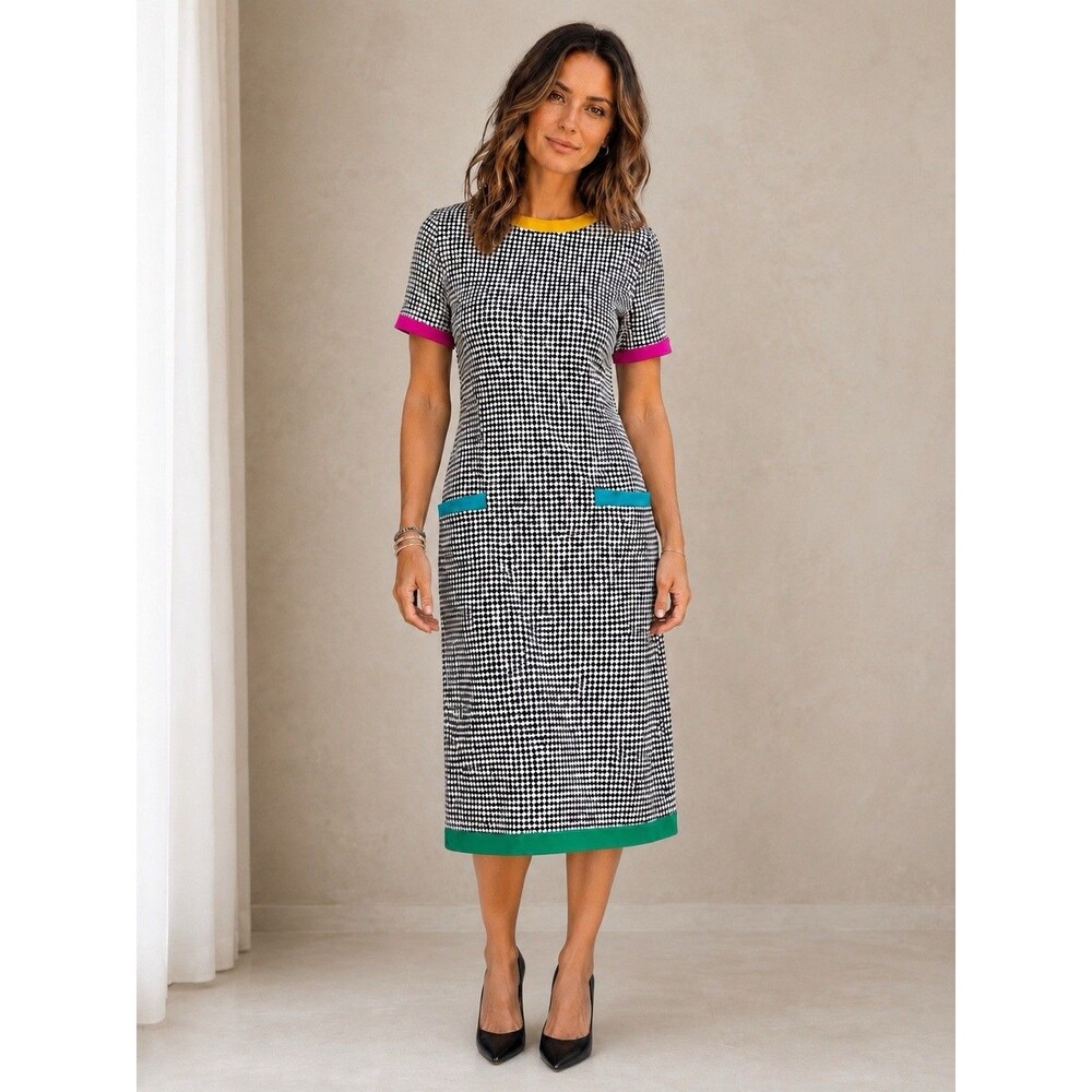 Vtg. Sheath Dress Tobias & Co Size 14 Houndstooth With Colorful Trim Secretary